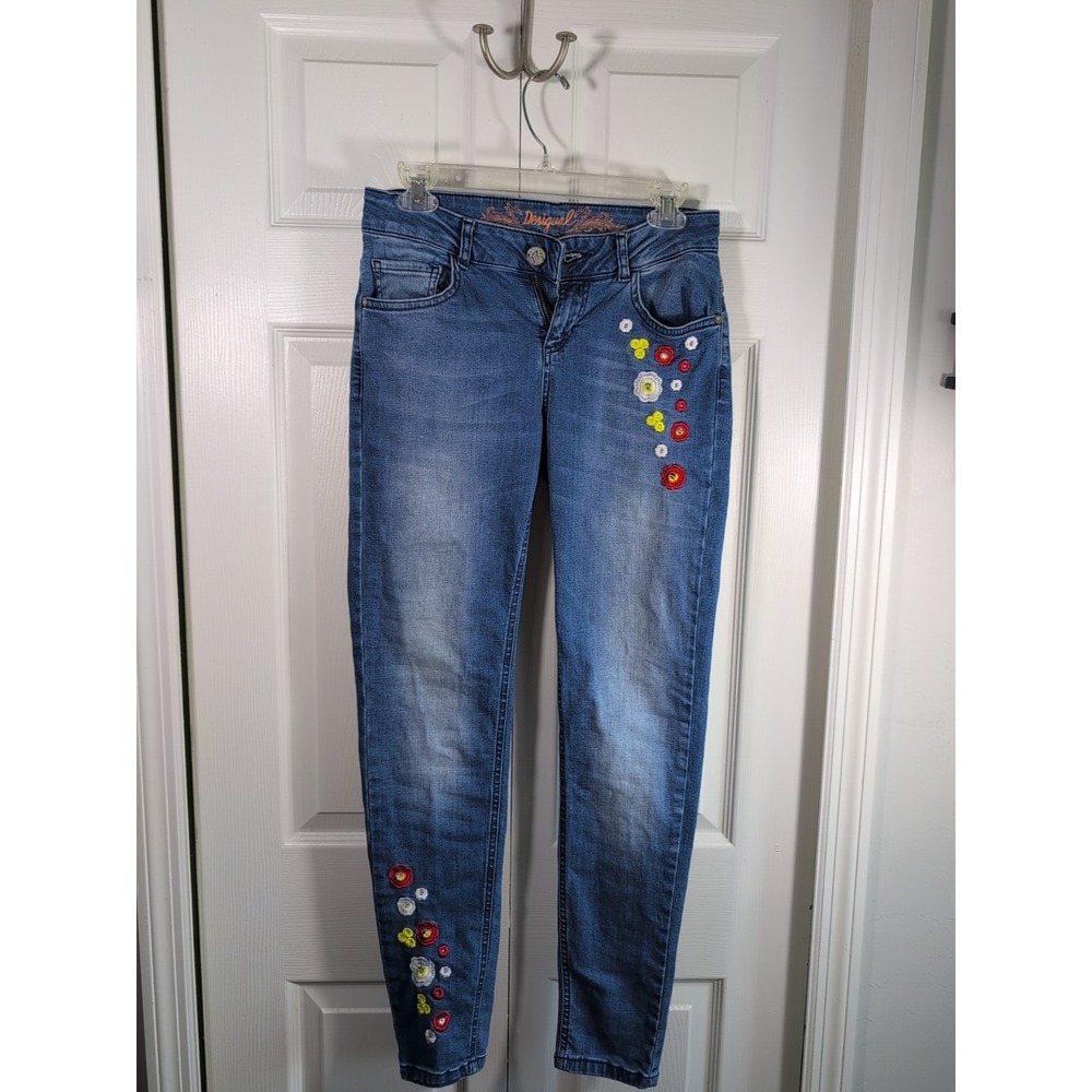 Exotics By Desigual Floral Embroidered Skinny Jean Size 30 Boho Daisy Blue Denim